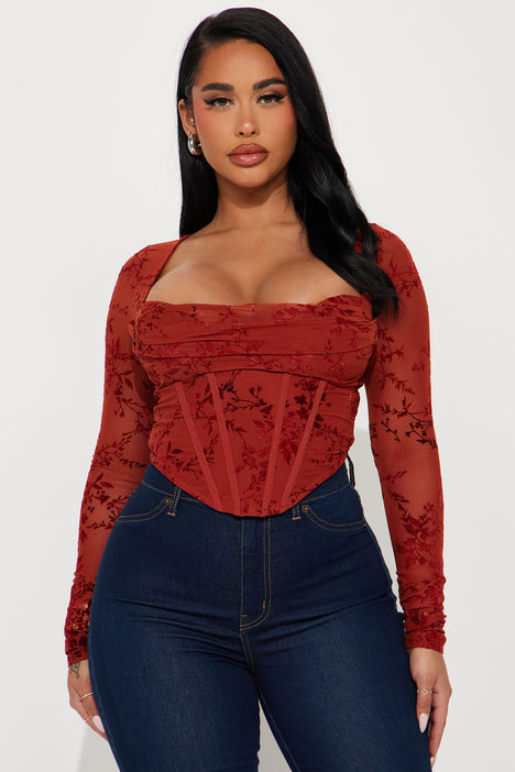 Mesh Long Sleeve Cut Out Corset Top in All Things Rust Pass