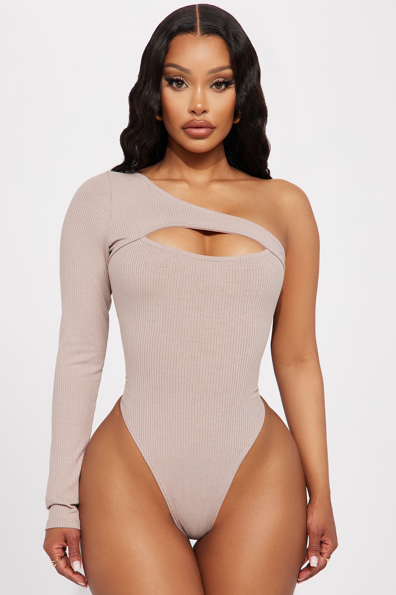 Sexy Taupe Bodysuit - Deep V Bodysuit - Taupe Bodysuit