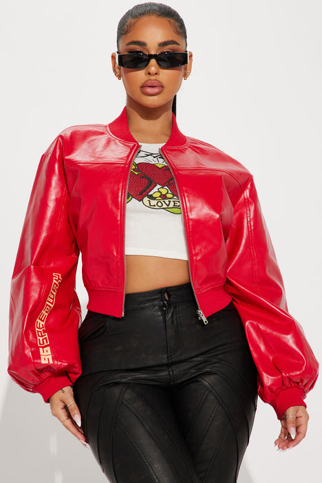 Faux Leather Cropped Bomber Jacket