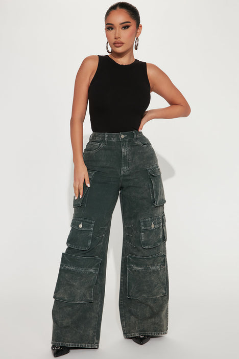 Petite Washed Green Denim Cargo Jeans