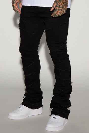 Many Pockets Cargo Stacked Skinny Flare Jeans - Black