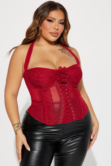 red corset top with black lace details sleeveless, Women's Fashion, Tops,  Other Tops on Carousell
