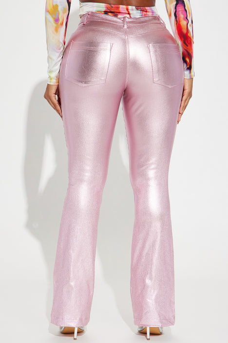 Bright Pink Metallic Look Coated Denim Flare Jeans