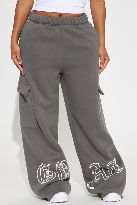 Charcoal Graphic Printed Low Rise Wide Leg Sweatpants
