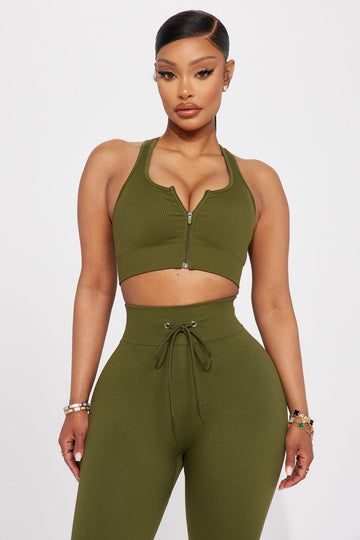 Olive Seamless Zipper Detailed Bra Top with Two Strap – Old Skool