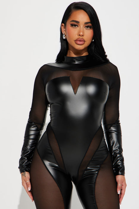Long black faux leather jumpsuit women long sleeve zipper Plus