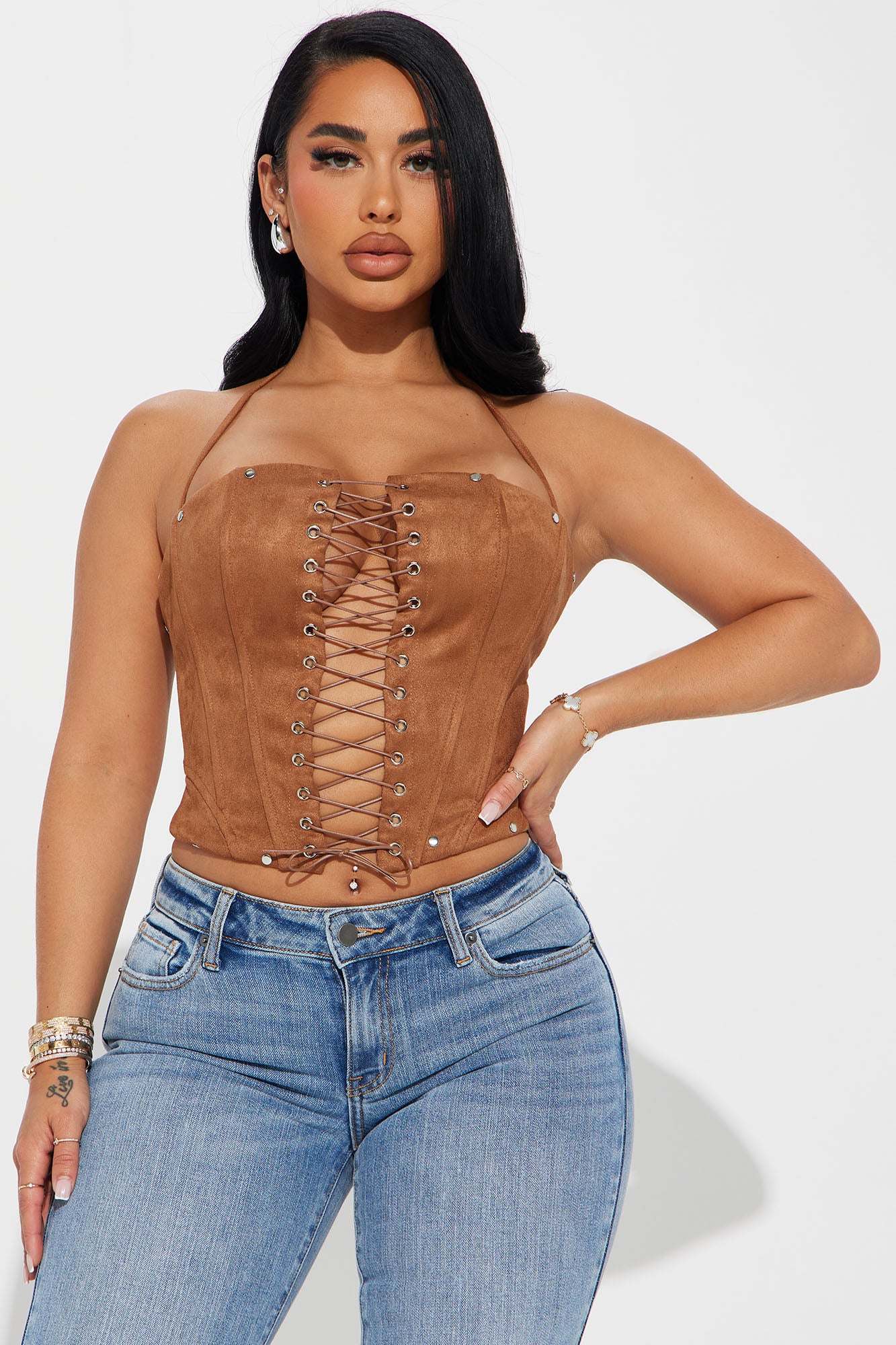 My Way Washed Faux Leather Corset Top - Brown