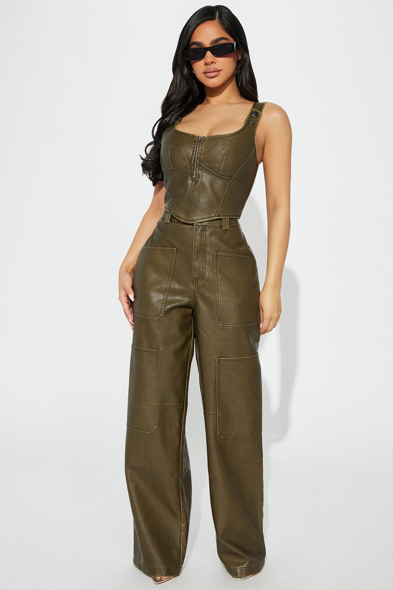 Turning Heads Faux Leather Pant Set - Brown