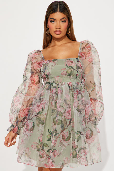V-Neck Ruffle Trimmed Floral Chiffon Dress in Sage