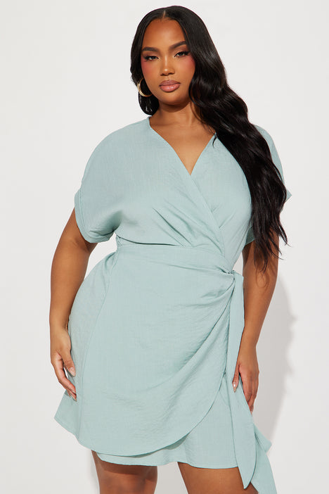 Women's Plus Size Color Wrap Print Sage Mini Dress