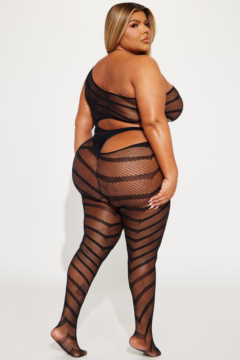 ELEGANT MOMENTS Footless Plus Size Bodystocking with Cutout - Black