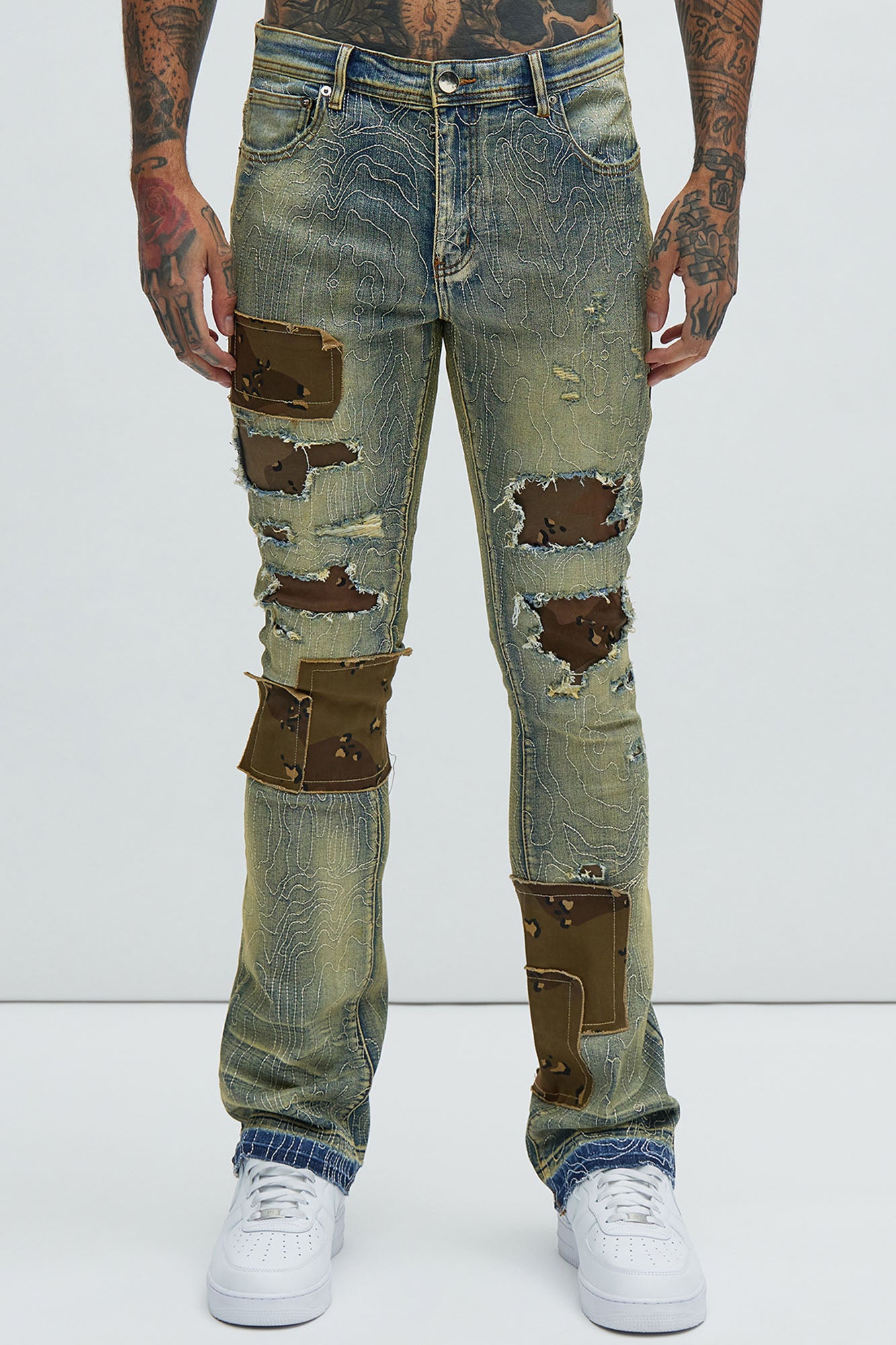 Ruthless Embroidered Stacked Skinny Cargo Flare Jeans - Medium Wash