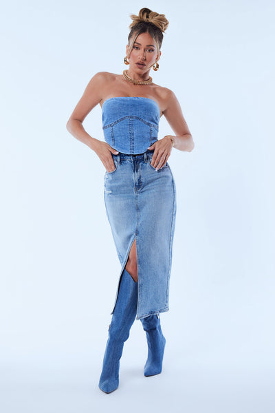 Denim midi 2025 skirt fashion nova