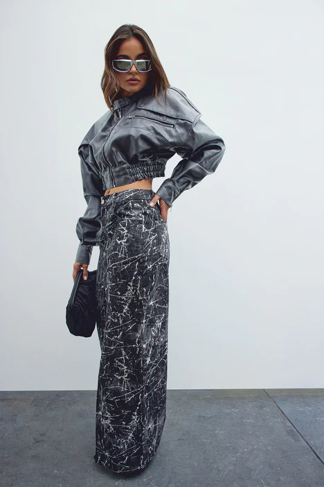 Electra Metallic Foil Denim Maxi Skirt - Grey/combo | Fashion Nova ...