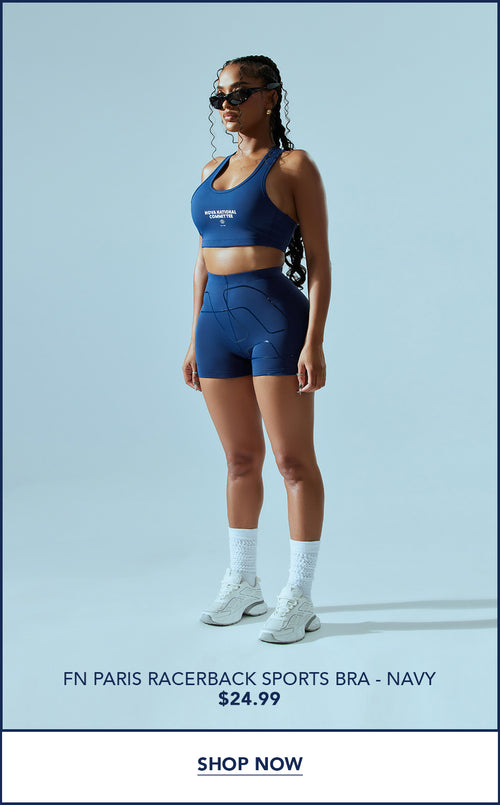 FN Paris Racerback Sports Bra - Navy - 7.16.24 updated jrs banner