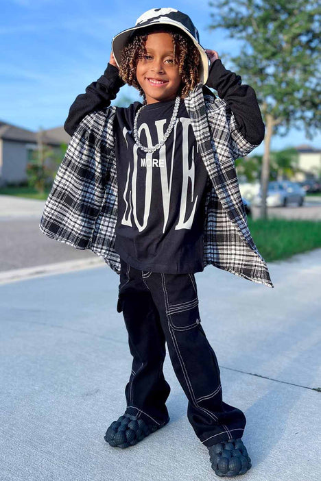 Mini Hooded Long Sleeve Flannel Shirt - Black/White