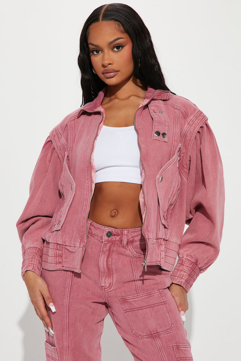 JustLikeMagicNonStretchDenimMotoJacket-Raspberry