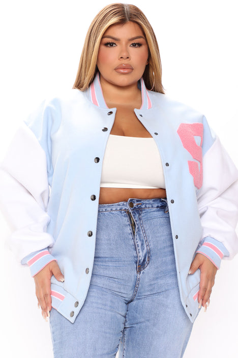 Mini in Session Fleece Varsity Jacket in Blue Size 14/16 by Fashion Nova