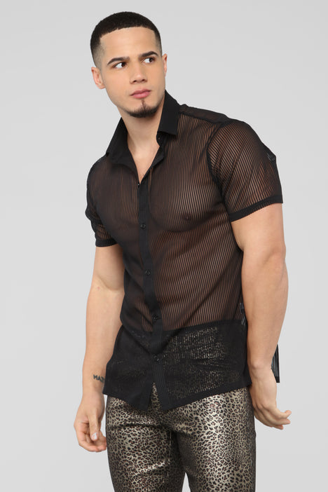 Men's We Don't Mesh Cropped Button Up Shirt in Black Size Medium by Fashion Nova