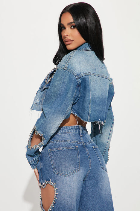 Lovemystyle Cropped Denim Jacket With Faux Leather Sleeves