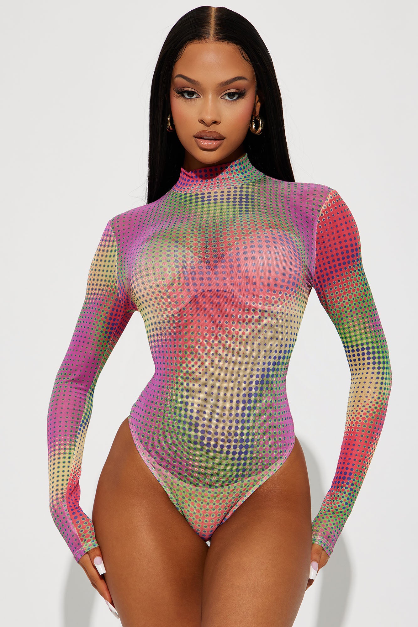 Fever Rainbow Fishnet Bodysuit Fancy Dress Costume