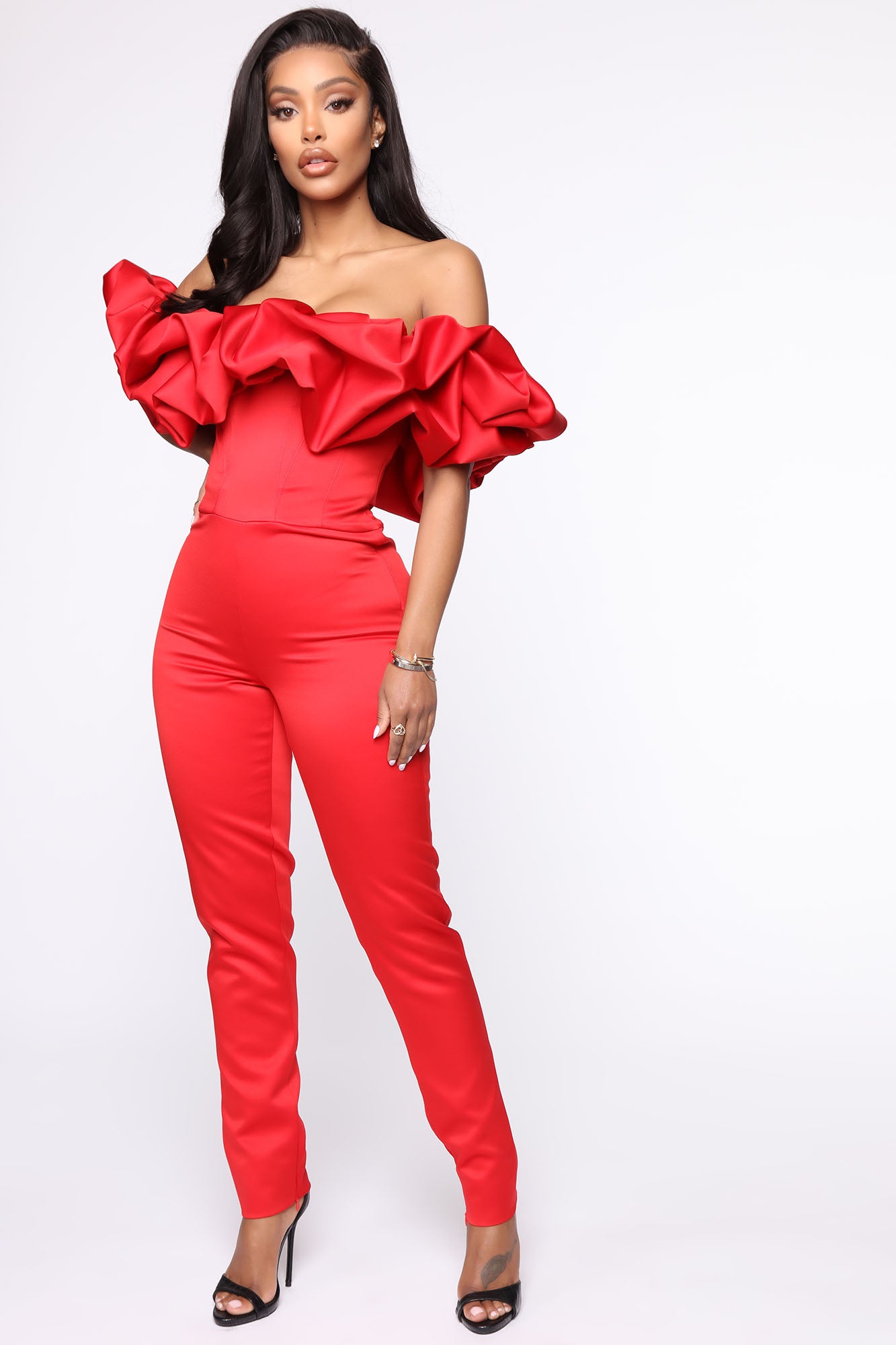Fabulosity Stretch Satin Jumpsuit - Red