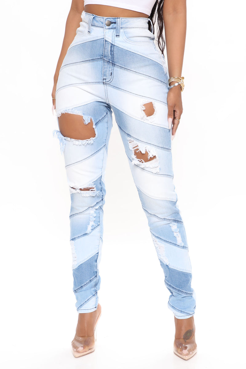 Let's Go To The Moon Patchwork Skinny Jeans - Light Blue Wash | Fashion ...