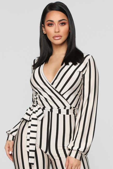 Right Up My Alley Striped Jumpsuit - Taupe/Combo, Fashion Nova, Jumpsuits