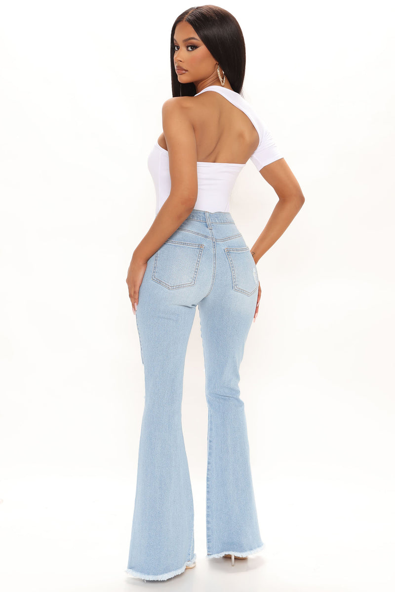 Perfect Day Ripped High Rise Flare Jeans - Light Blue Wash | Fashion ...