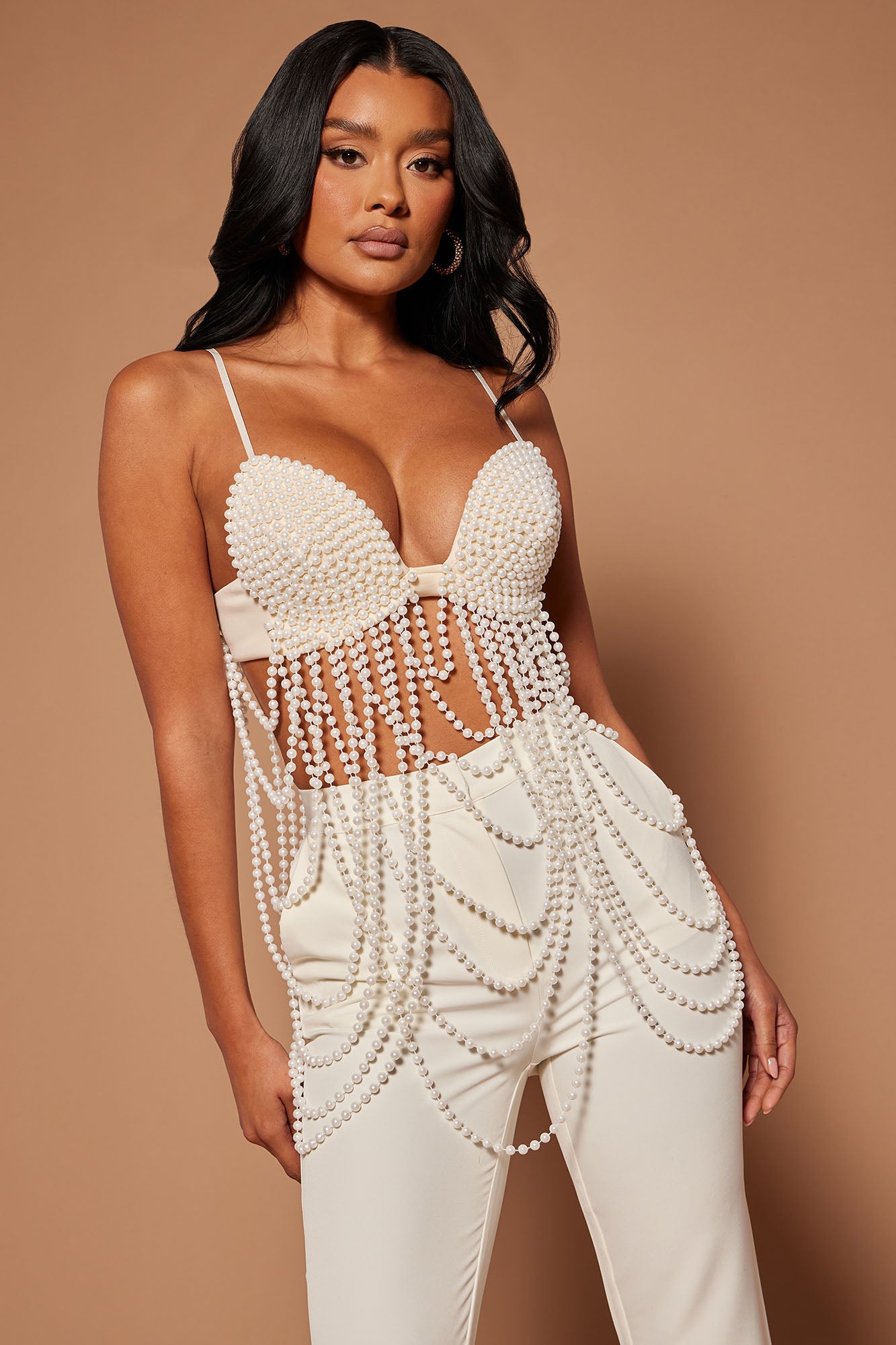 Pearl Crop Top for Women Pearl Bralette Tops V-Neck Backless
