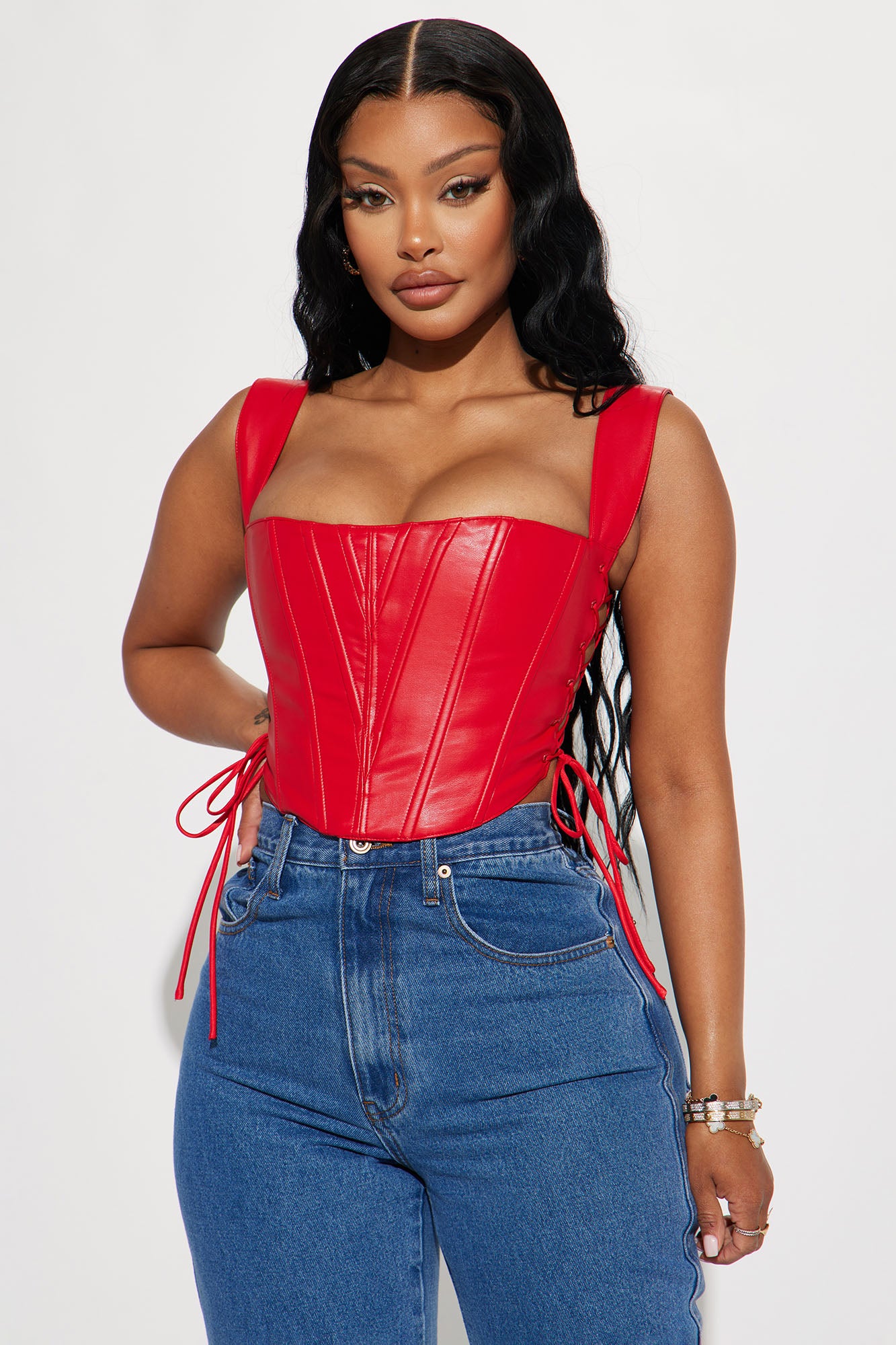 Shape Red Faux Leather Zip Detail Corset Top