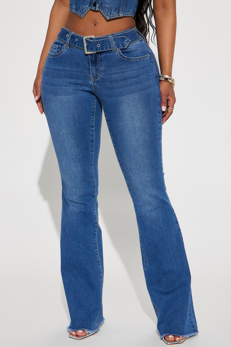 Y2K Belted Low Rise Flare Jeans - Medium Blue Wash | Fashion Nova ...