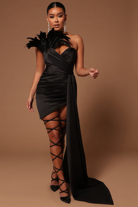 Black Satin Mini Dress - Feather Mini Dress - Notched Mini Dress