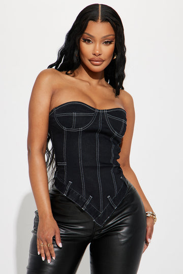 Women's Feeling Edgy Pinstripe Corset Top in Black Size XL by Fashion Nova