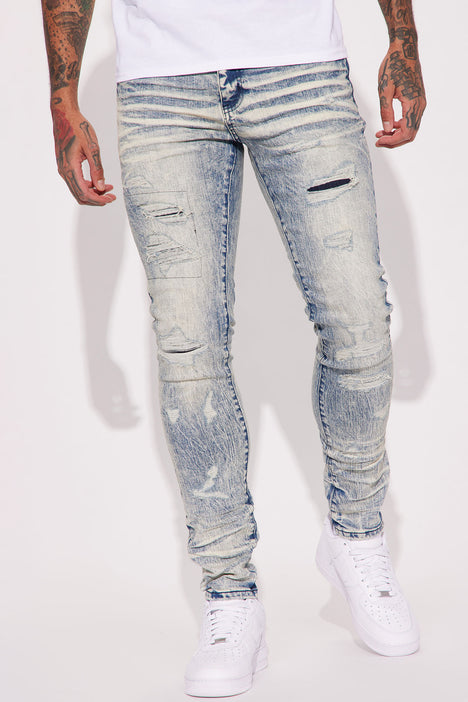 Bleach Spotted Ripped Knee Stacked Skinny Jeans - Light Wash, Fashion  Nova, Mens Jeans