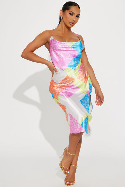New! A.P.N.Y. APNY Women's 10 Midi Satin Dress Multi Color