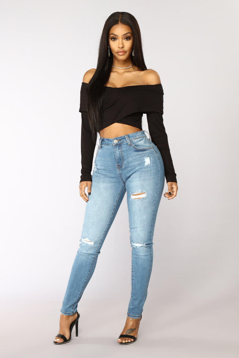 Feel Good Cropped Off Shoulder Top - Black | Fashion Nova, Knit Tops ...