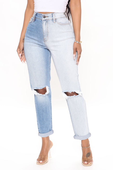 Fashion Nova Women's Daily Double Low Stretch Ripped Mom Jeans