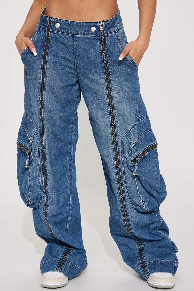 Too Late Non Stretch Baggy Cargo Jeans - Medium Wash | Fashion Nova ...