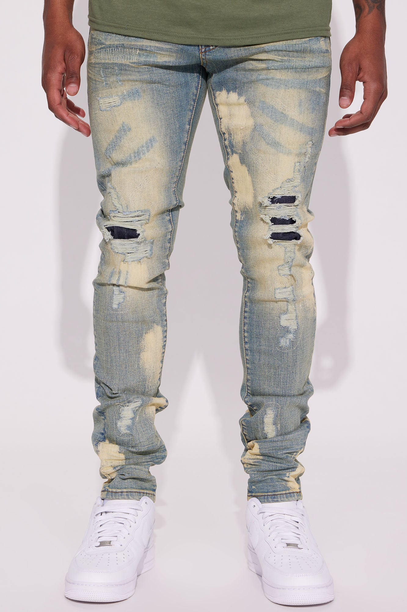 Just Living Bleached Ripped Stacked Skinny Jeans - Vintage Blue Wash