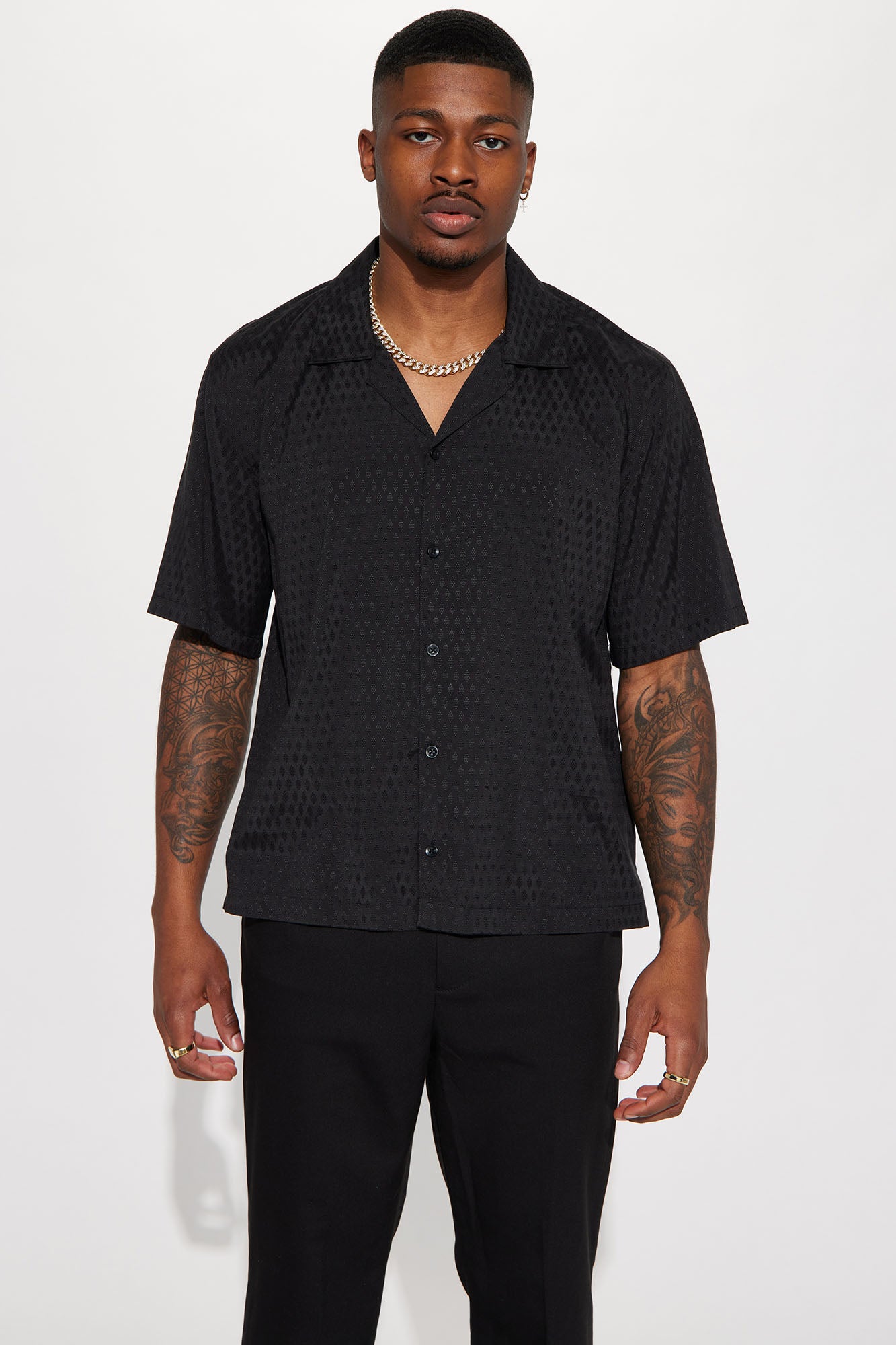 Icy Jacquard Short Sleeve Button Up Shirt - Black