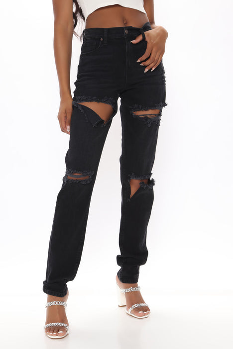 Plt Washed Black Ripped Knee Mom Jeans