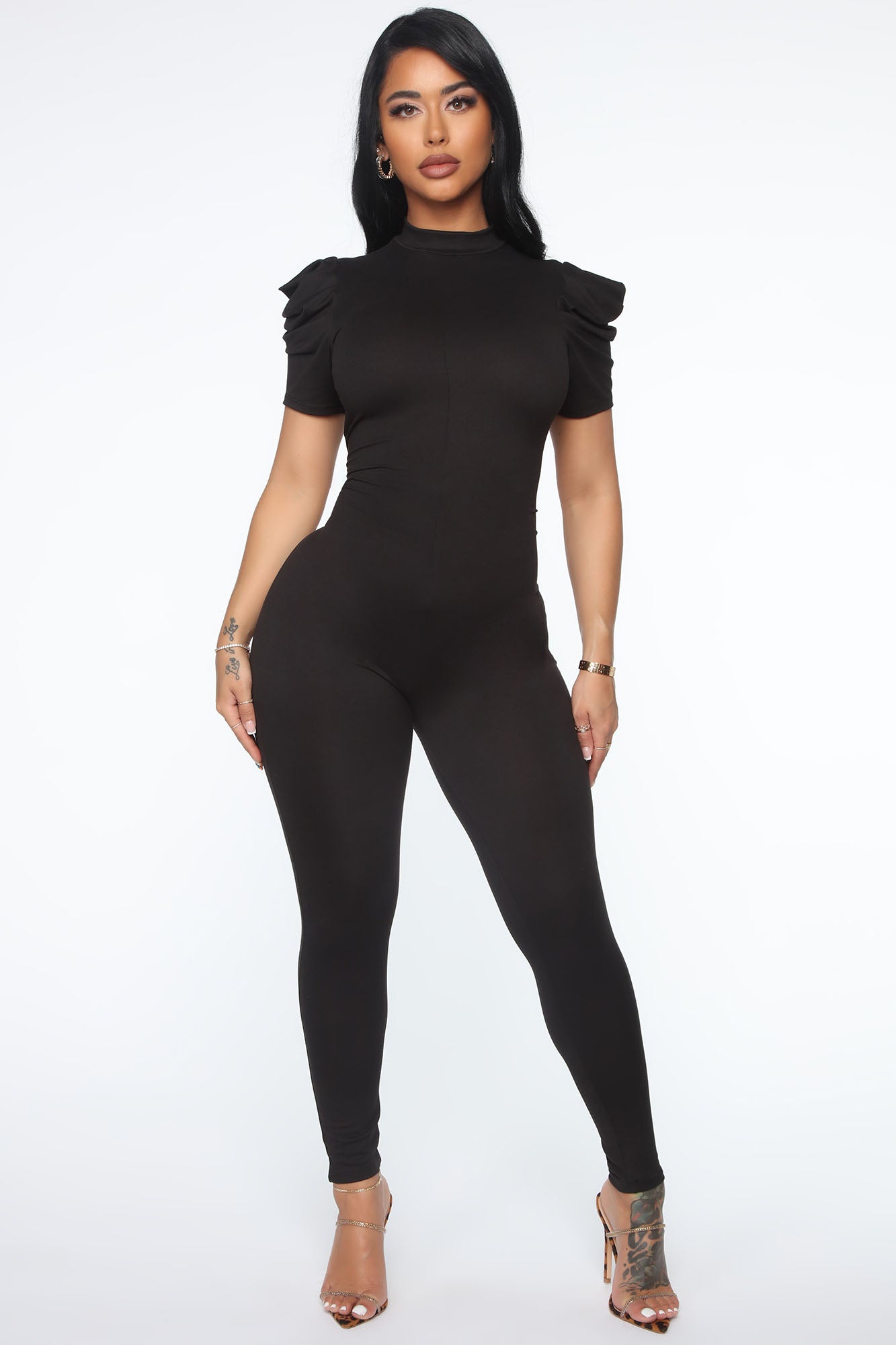Elegant Black Long Puff Sleeve Viral Tiktok Bodysuit Romper For