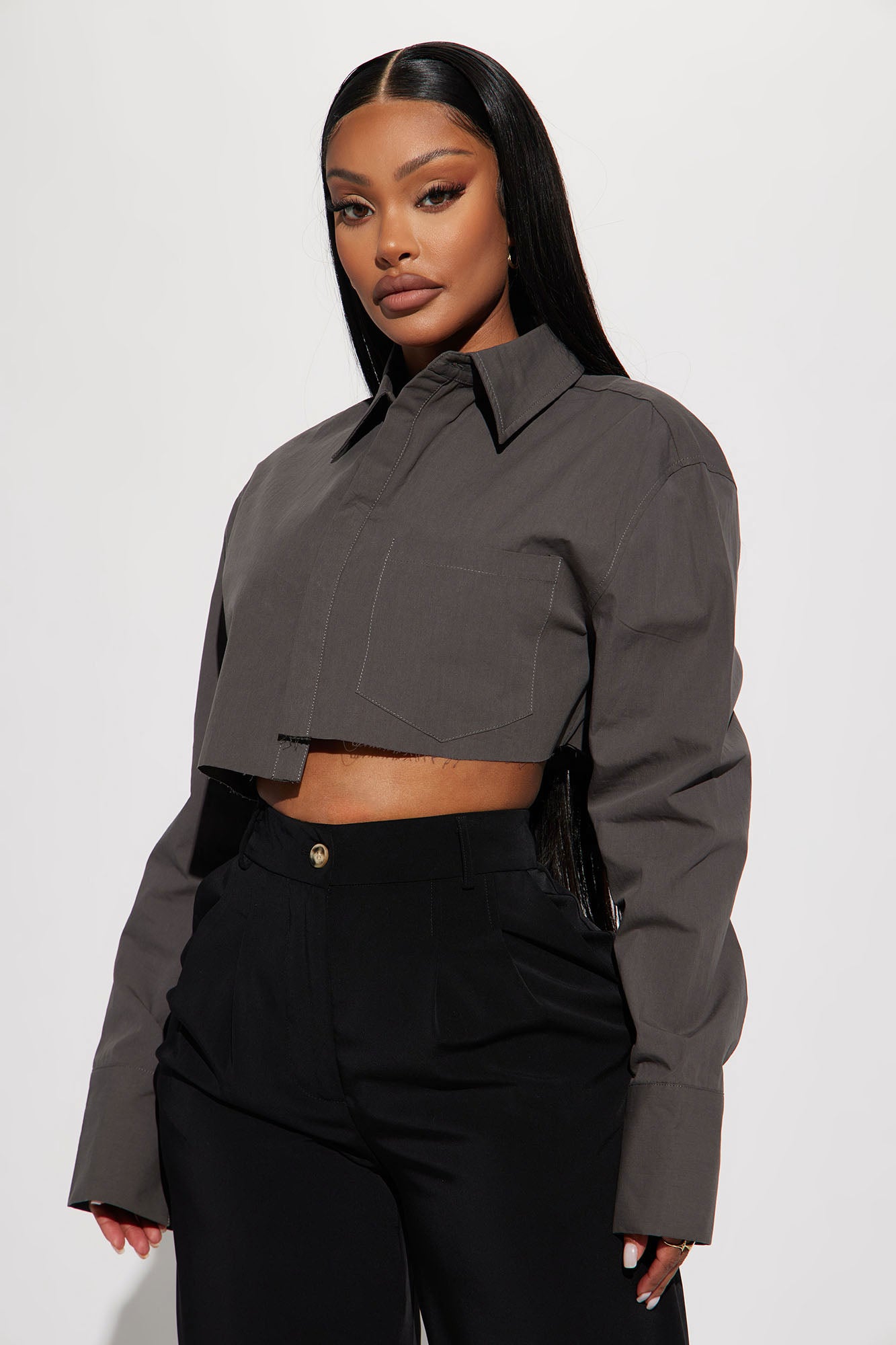 Long sleeve cropped poplin shirt with straps