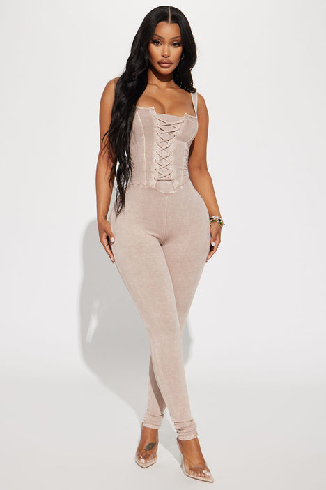 Entro Ribbed Pocket Jumpsuit Taupe