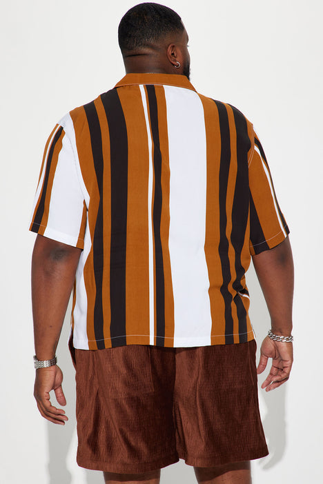 Lined Up Short Sleeve Button Up - Brown/combo