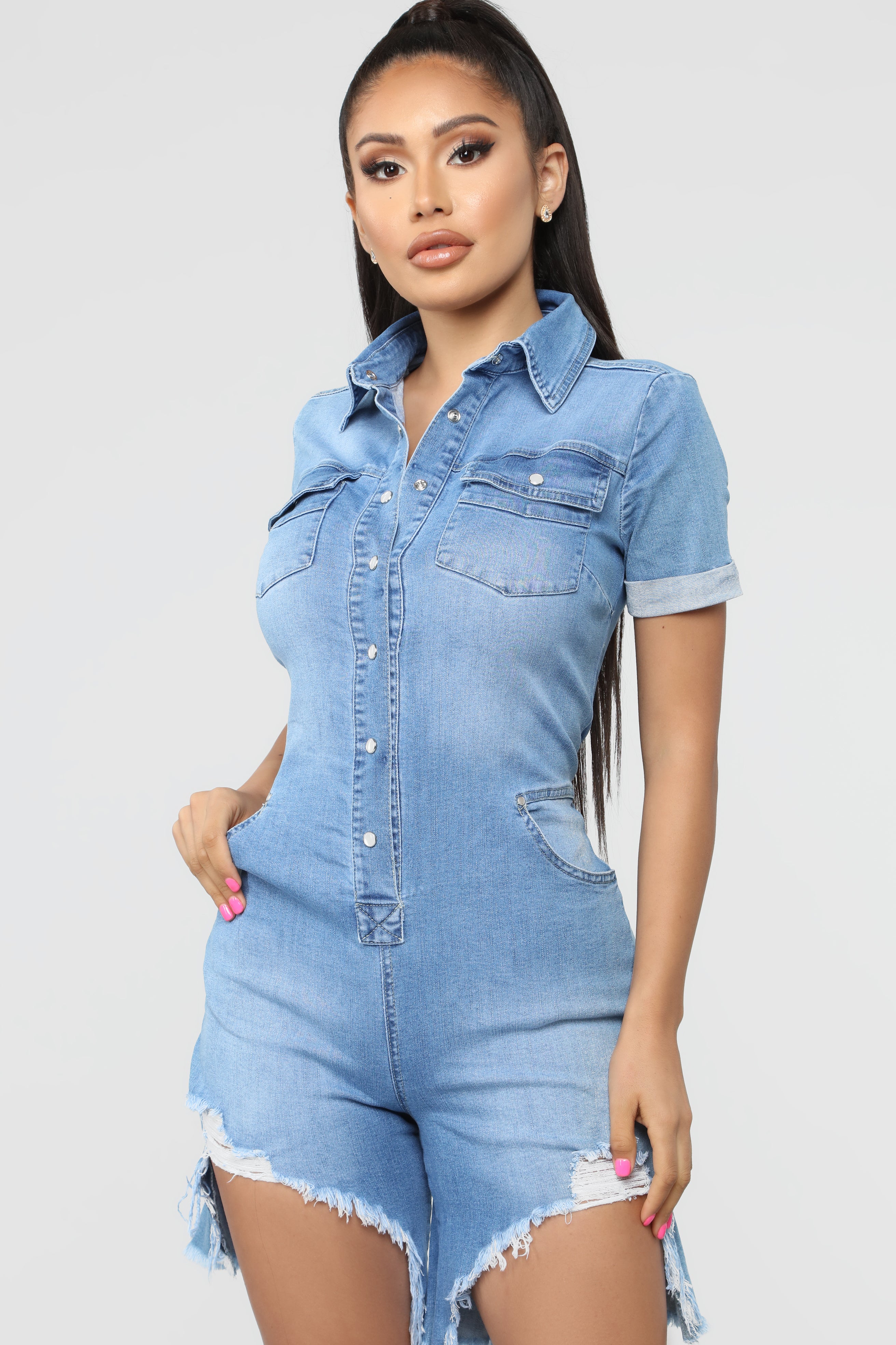 Short Sleeve Medium Wash Denim Jumpsuit