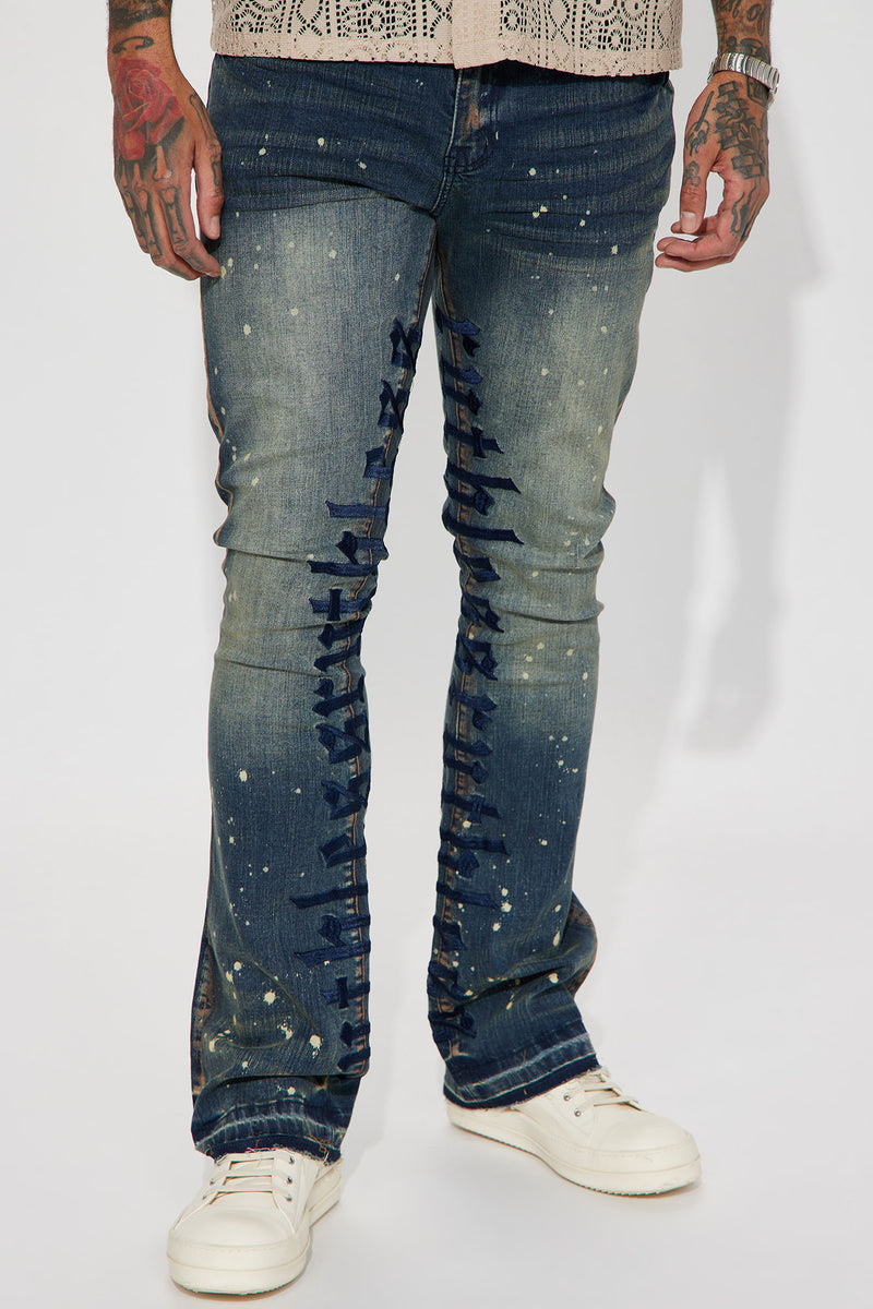 Ruthless Embroidered Stacked Skinny Flare Jeans - Vintage Blue Wash ...