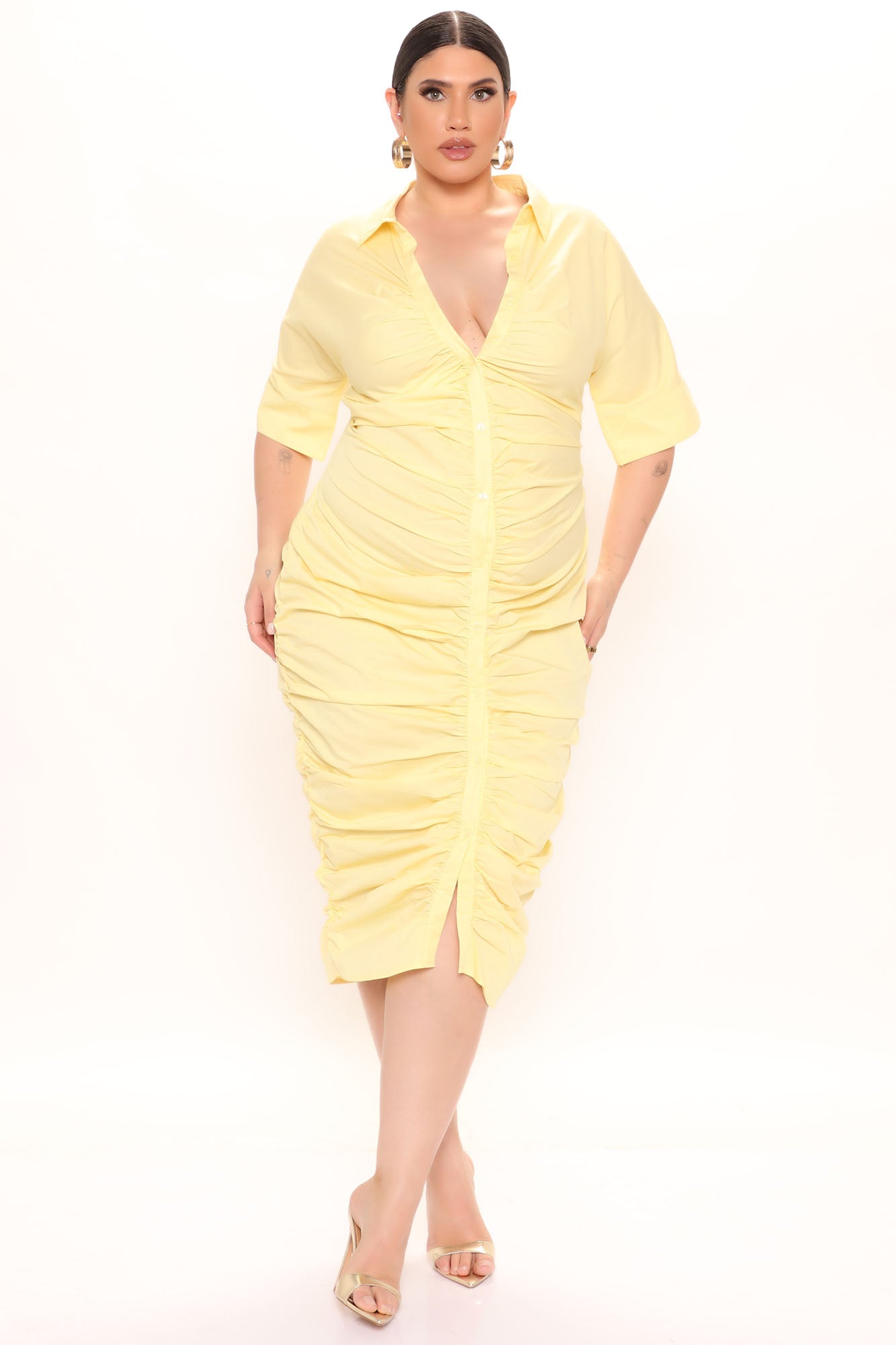 Office Vibe Ruched Midi Dress - Yellow, Fashion Nova, Dresses