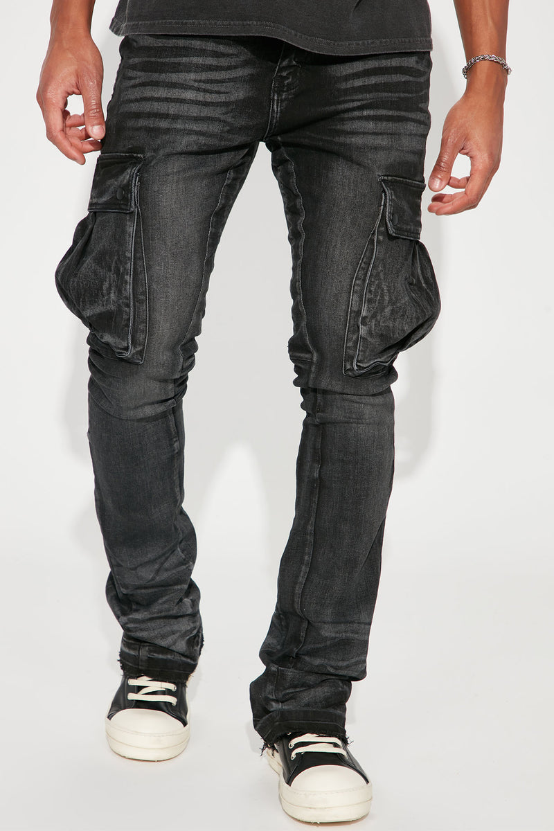 Through The Hills Cargo Stacked Skinny Flare Jeans - Black Wash ...